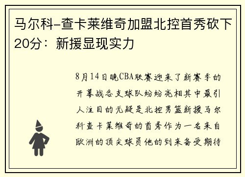 马尔科-查卡莱维奇加盟北控首秀砍下20分：新援显现实力